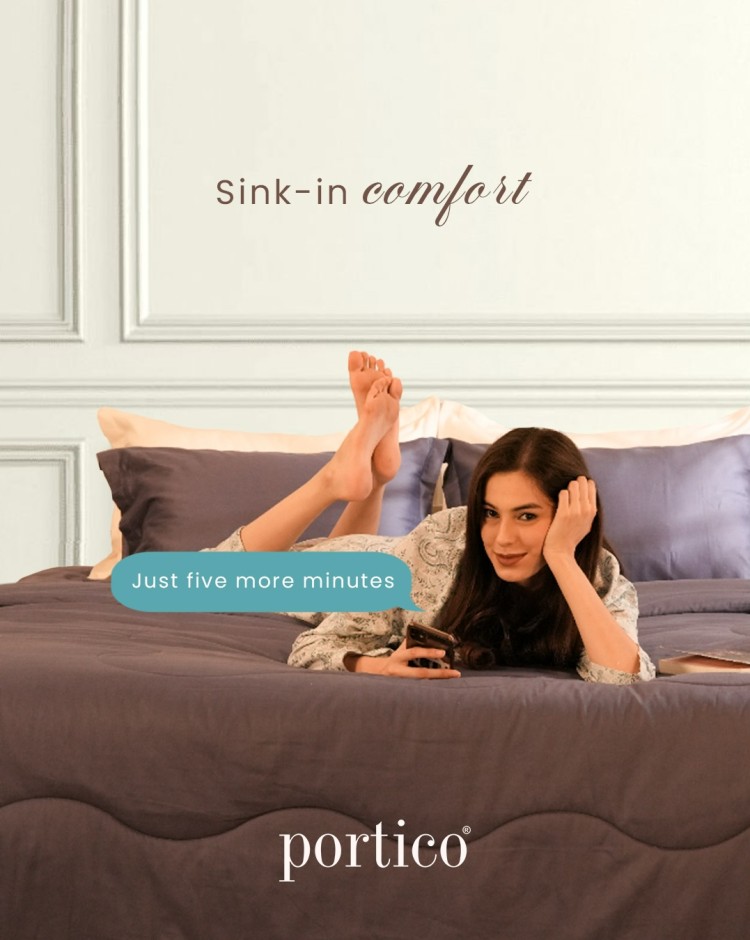 Portico mobile banner showcasing bedsheets, towels and home décor essentials collection