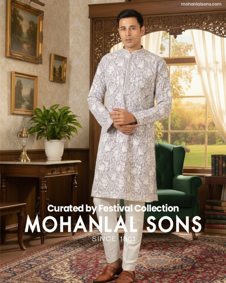 Mohanlal Sons mobile banner showcasing sherwanis, kurtas and traditional men’s fashion collection